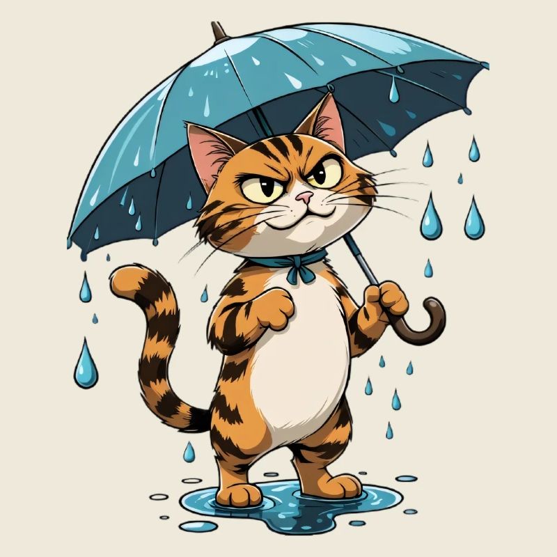 Chaton avec parapluie sous la pluie