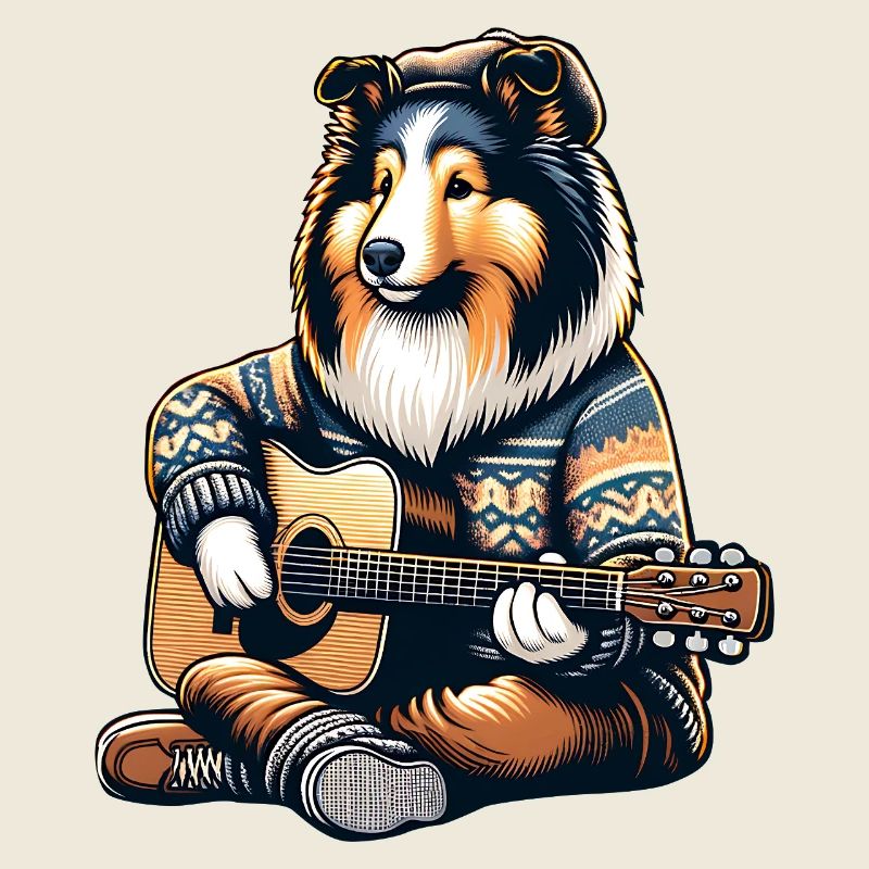 Collie avec guitare acoustique en pull tricoté