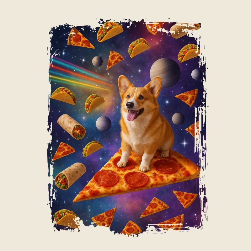 Puppy on pizza dream in space