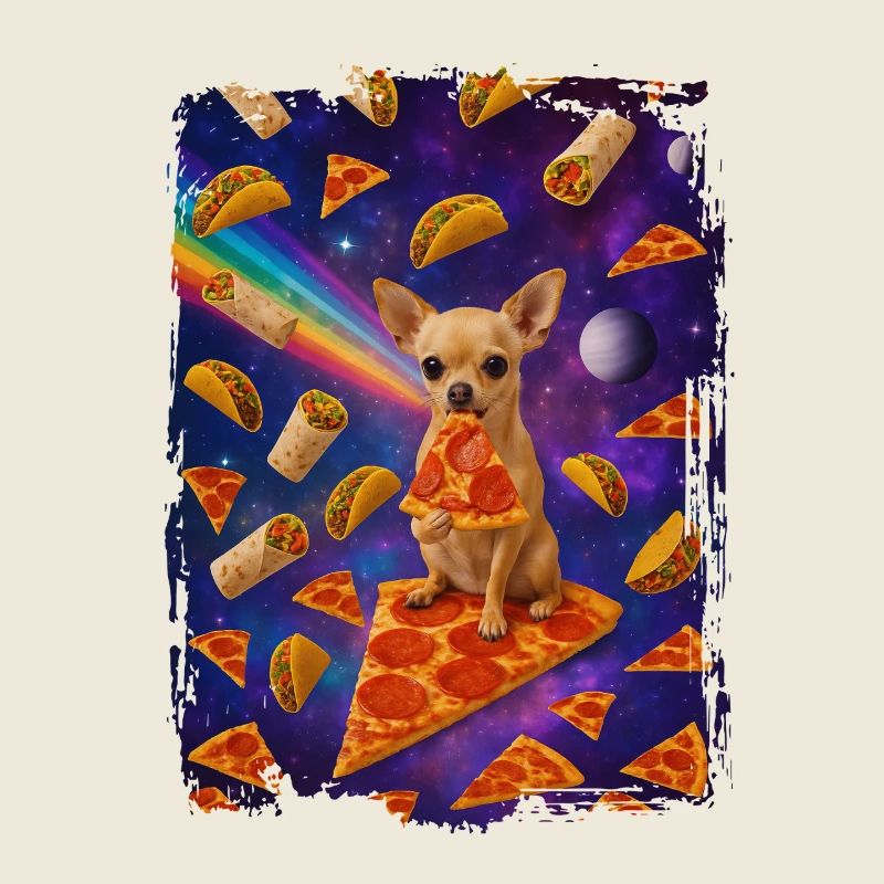 Weltraummampf mit Hund und Pizza