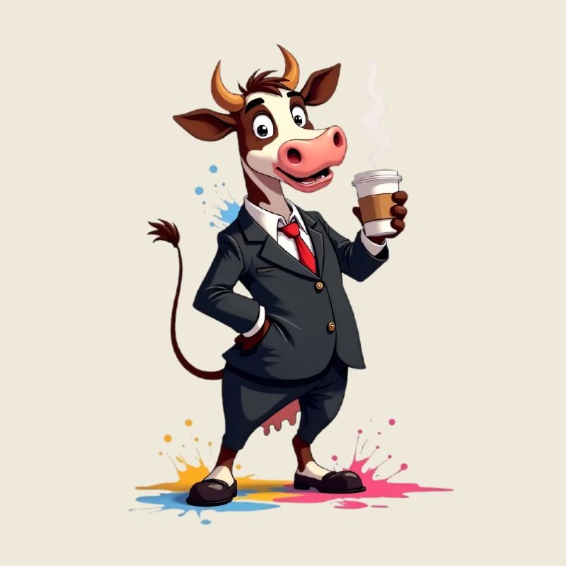 Charmante vache en costume avec du café
