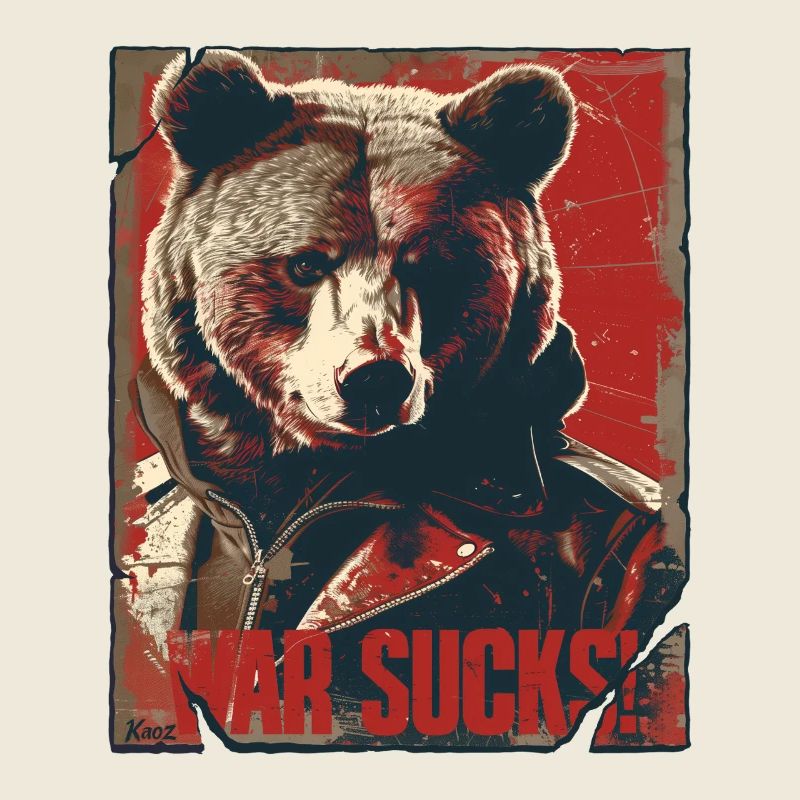 Blatant bear in leather jacket design, war is annoying