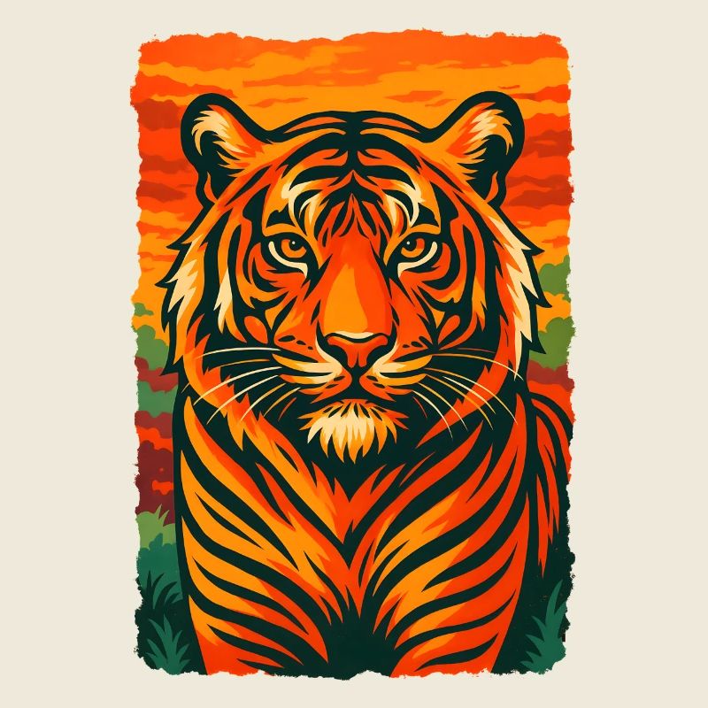Illustration d'un coucher de soleil sur un tigre éclatant