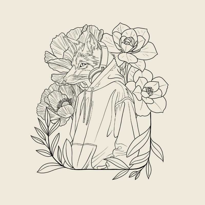 Fuchs Lineart mit Blumen