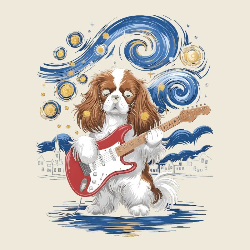 Chien avec guitare électrique dans le ciel étoilé