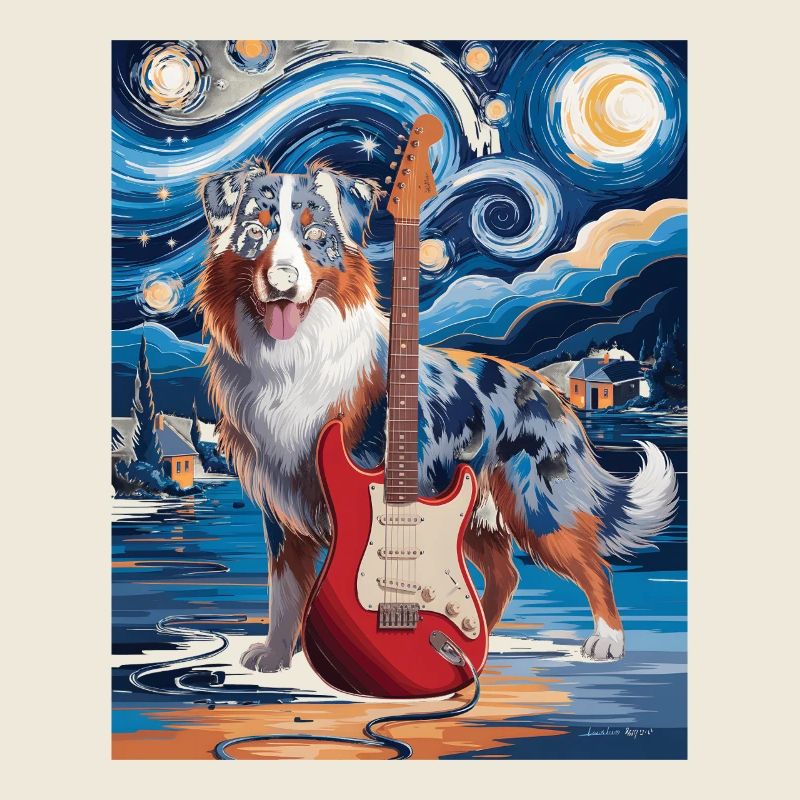Sternennacht Hund mit E-Gitarre