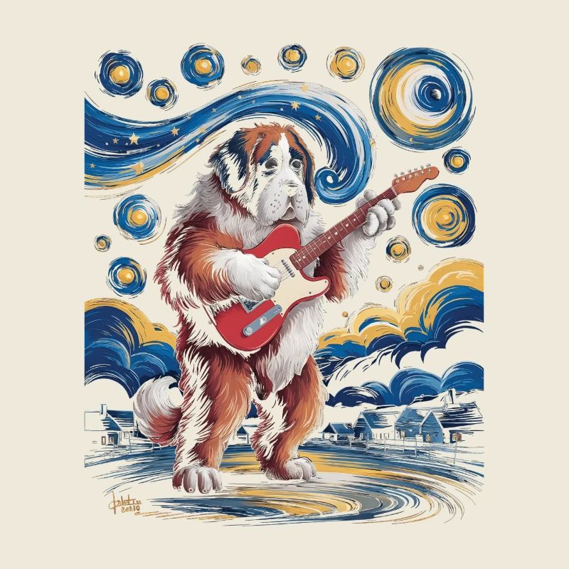 Hund mit Gitarre unter Sternenhimmel