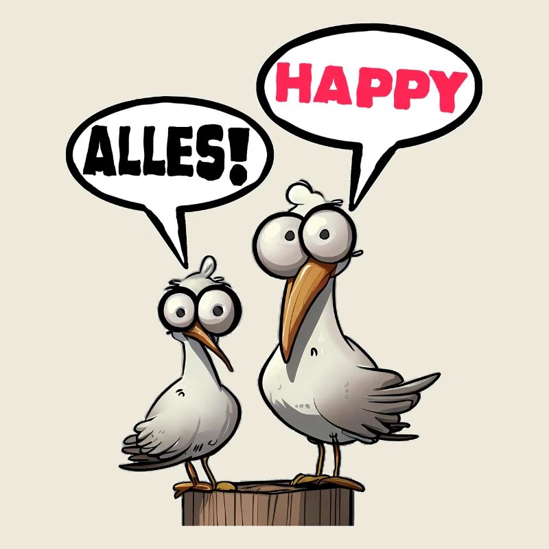 Humorous seagulls with speech bubbles everything happy