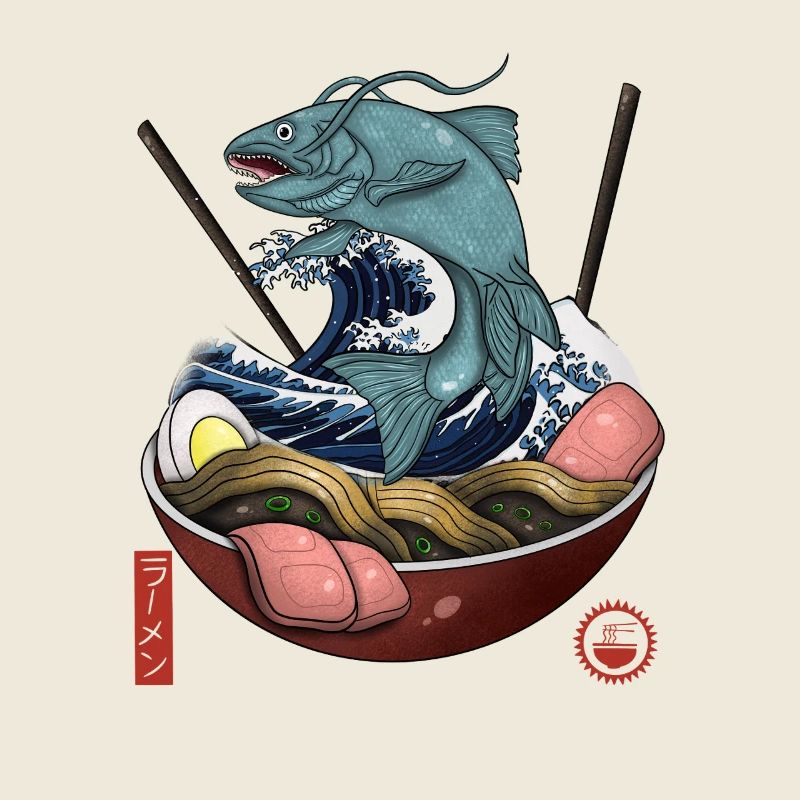 Ramen mythique poisson et vagues de l’océan