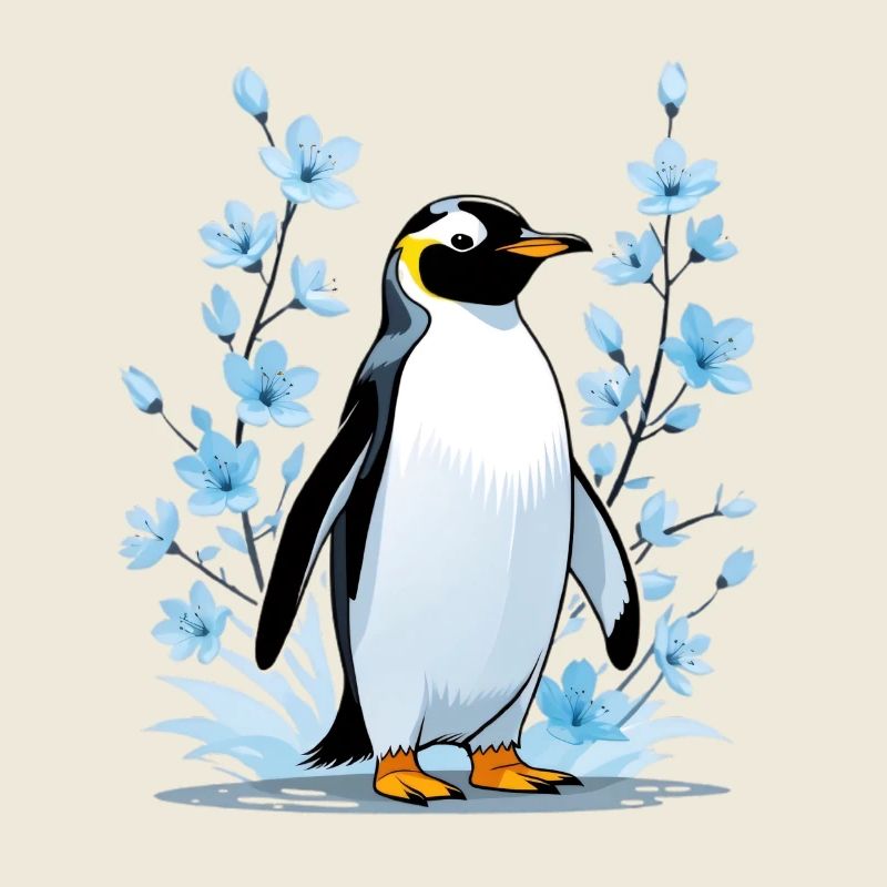Pingouin mignon avec des fleurs bleues