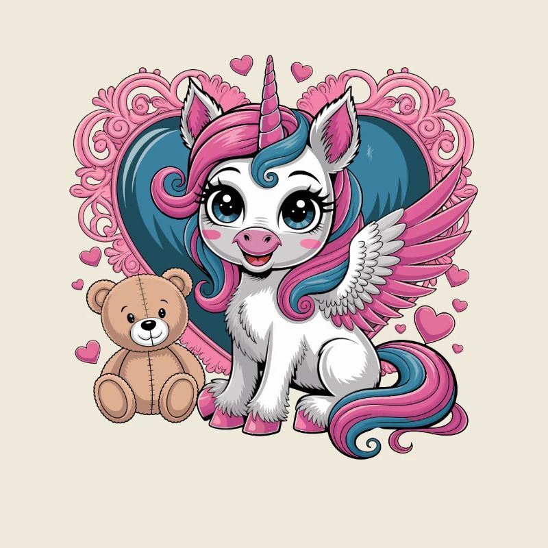 Flügelpony mit Teddy und Herzen