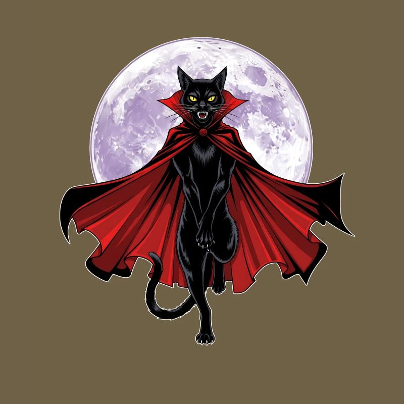 Chat vampire graphique avec cape devant une pleine lune
