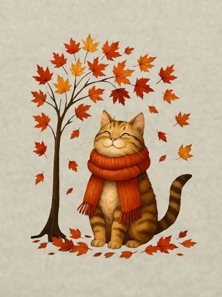 Herbstkatze mit rotem Schal