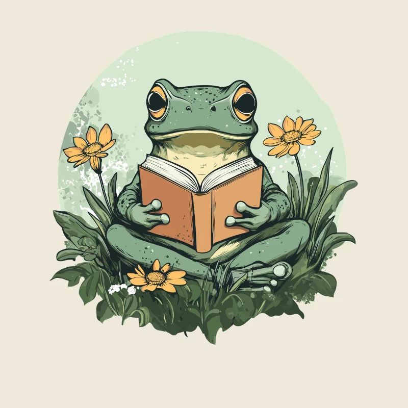 Frosch liest Buch im Blumenmeer