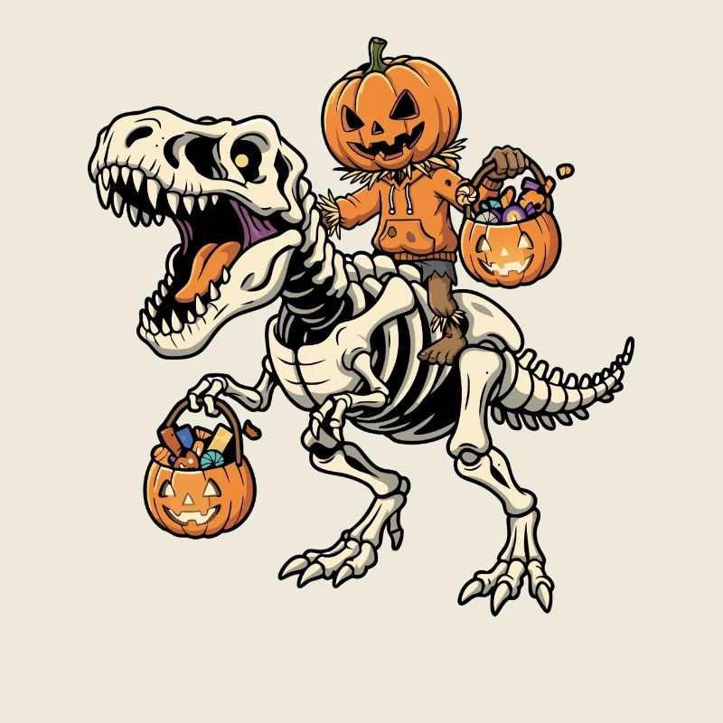 Vogelscheuche reitet Skelett T-Rex Halloween Dinos