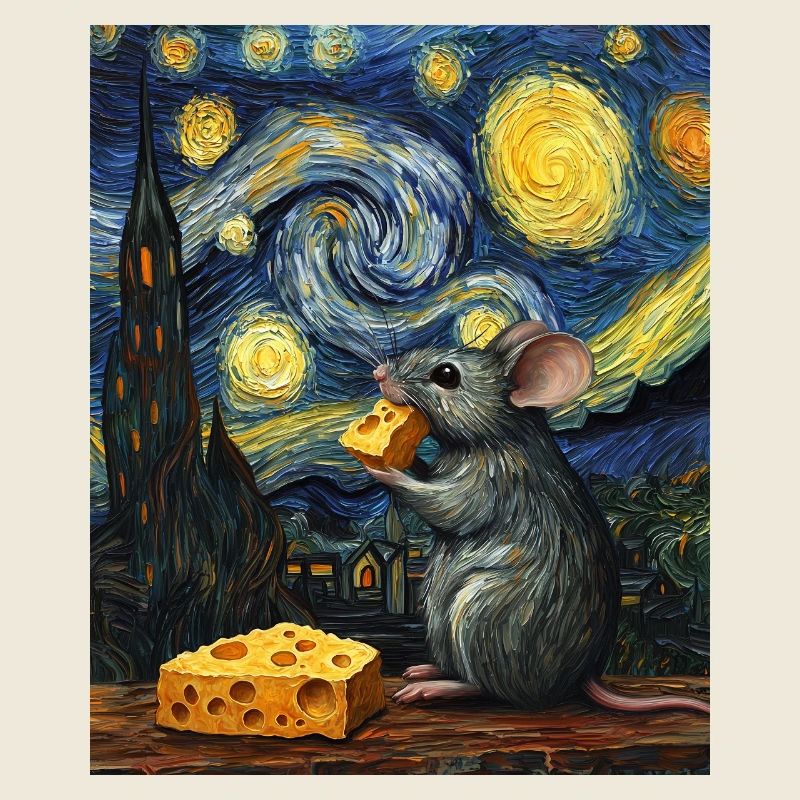 Souris mange du fromage Nuit étoilée à la Van Gogh