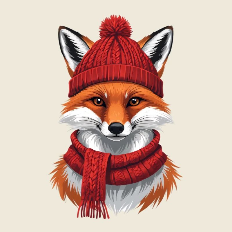 Renard roux d’hiver avec chapeau et écharpe