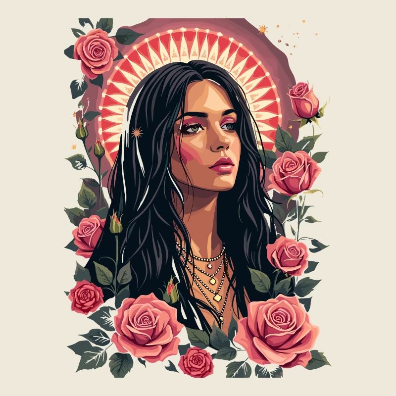 Portrait de lune rose avec cercle de fleurs