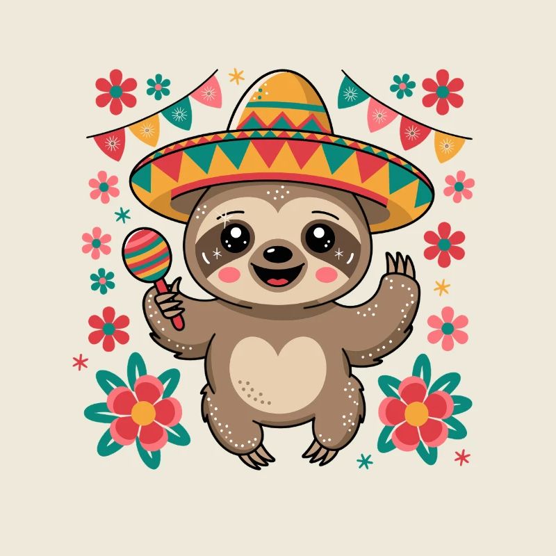 Sloth with Sombrero and Maraca Fiesta Vibes