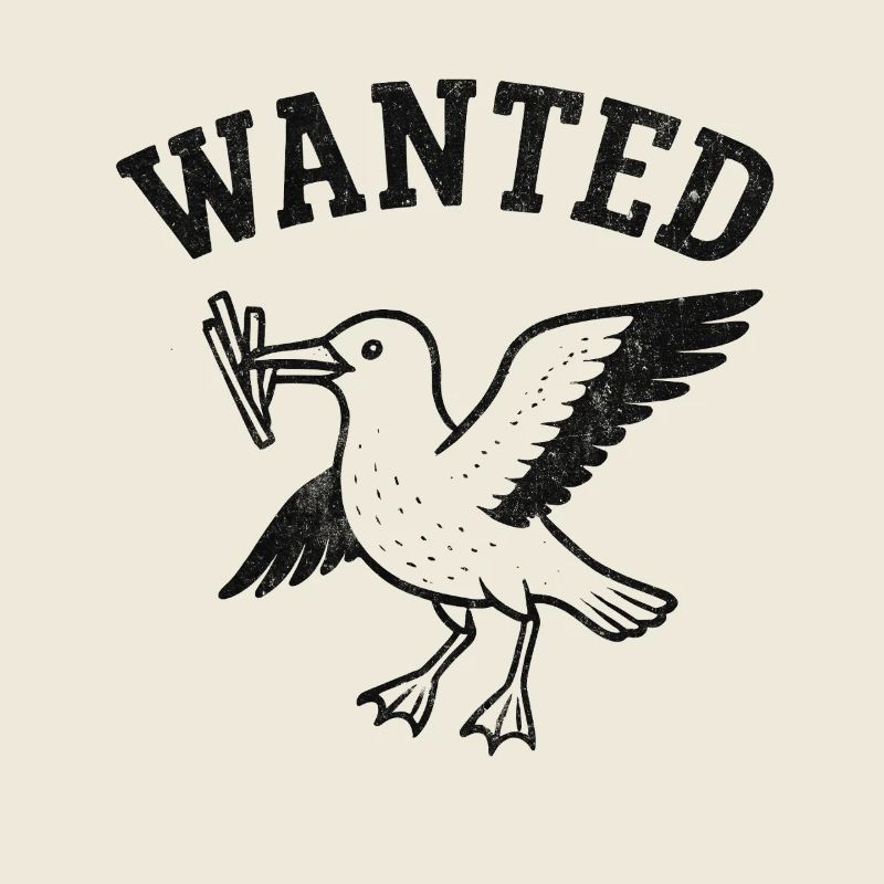 Lustige Seemöwe mit Pommes und Wanted