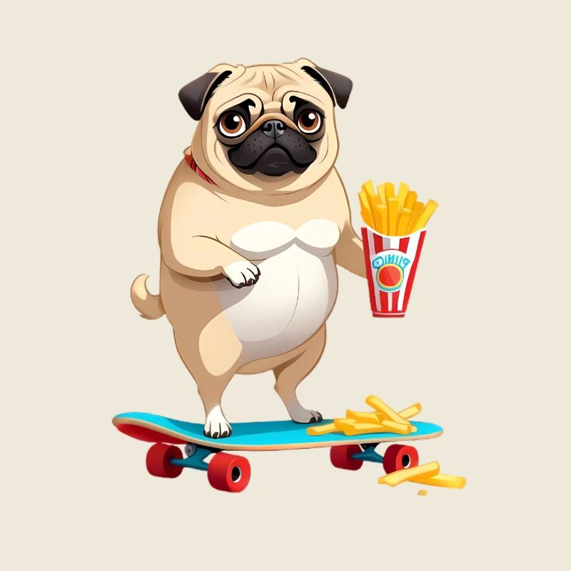 Pug auf Skateboard mit Pommes