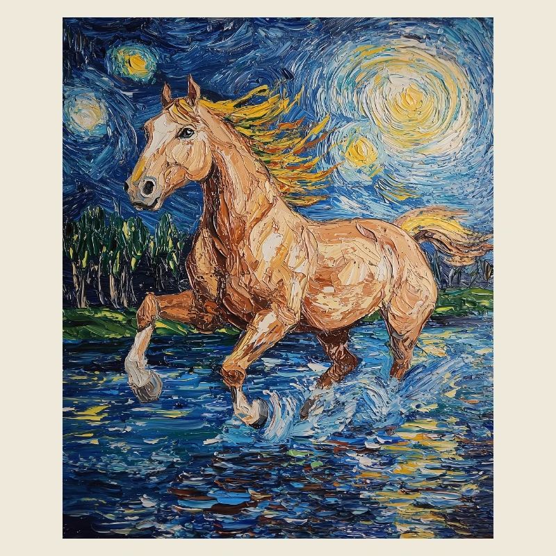 Cheval Chevaux Cavalier Style Van Gogh Nuit étoilée