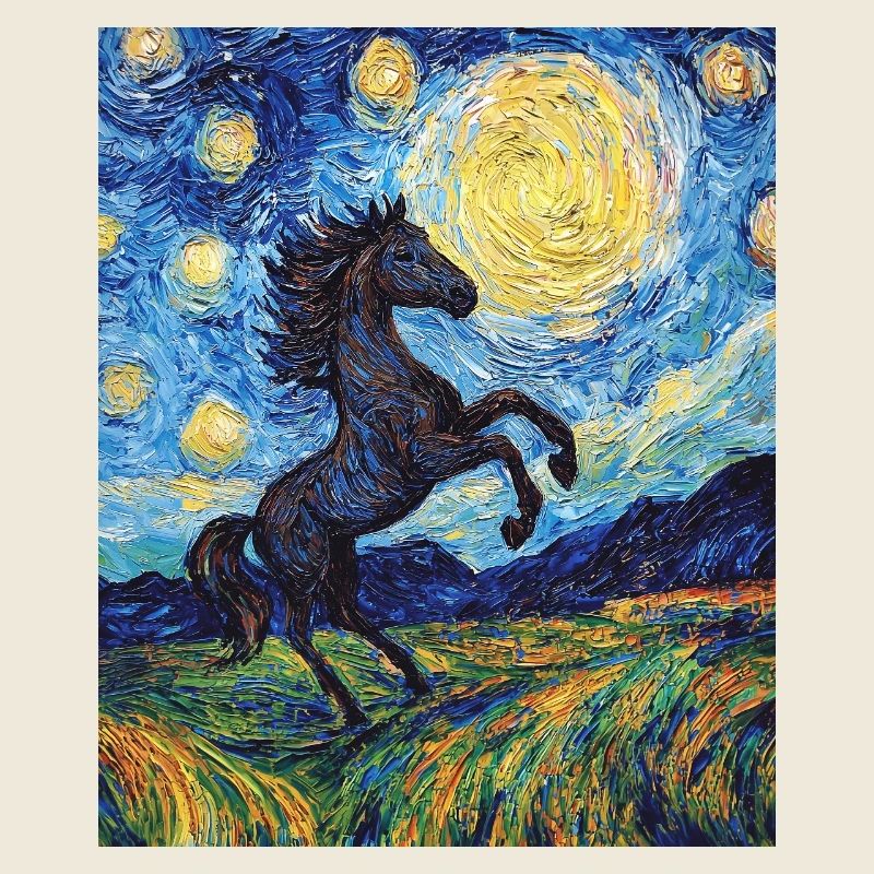 Cheval Chevaux Cavalier Style Van Gogh Nuit étoilée
