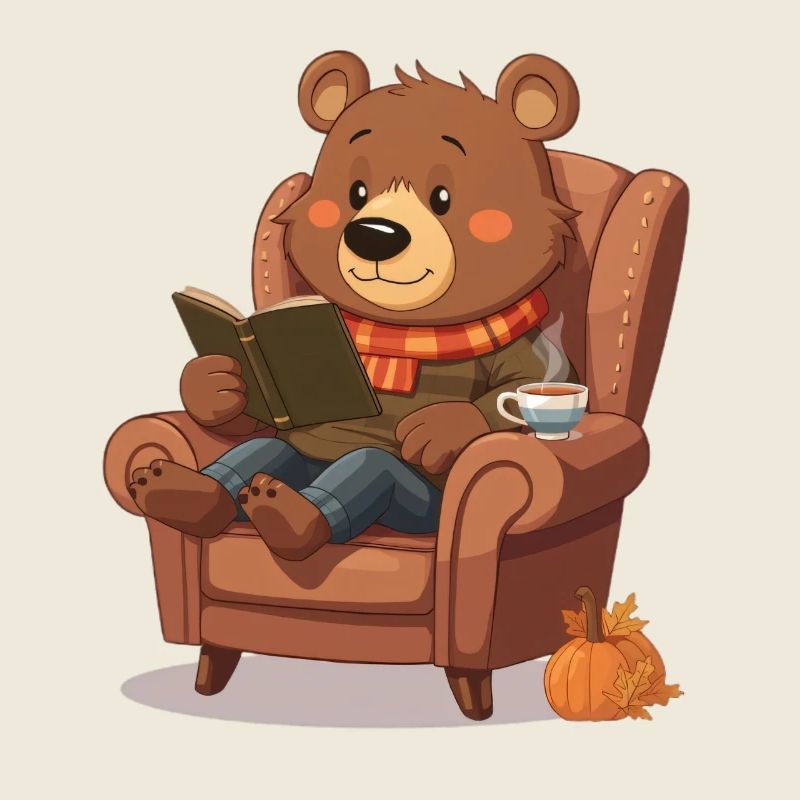 Lesender Bär im Herbstsessel
