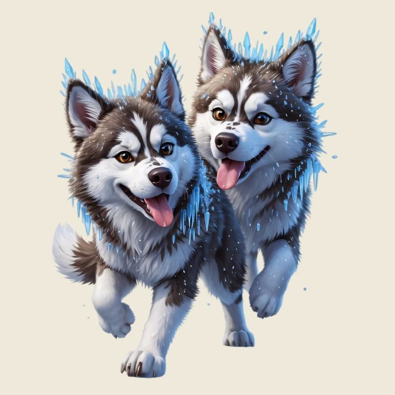 Deux huskies avec de la neige et des glaçons
