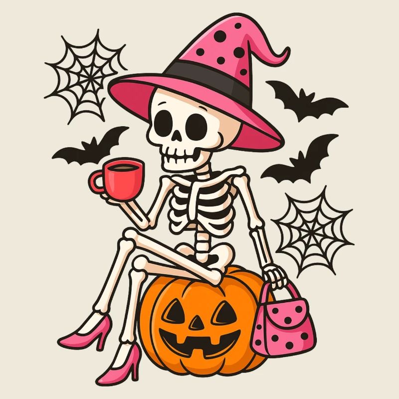 Pink Cute Halloween Witch Skeleton
