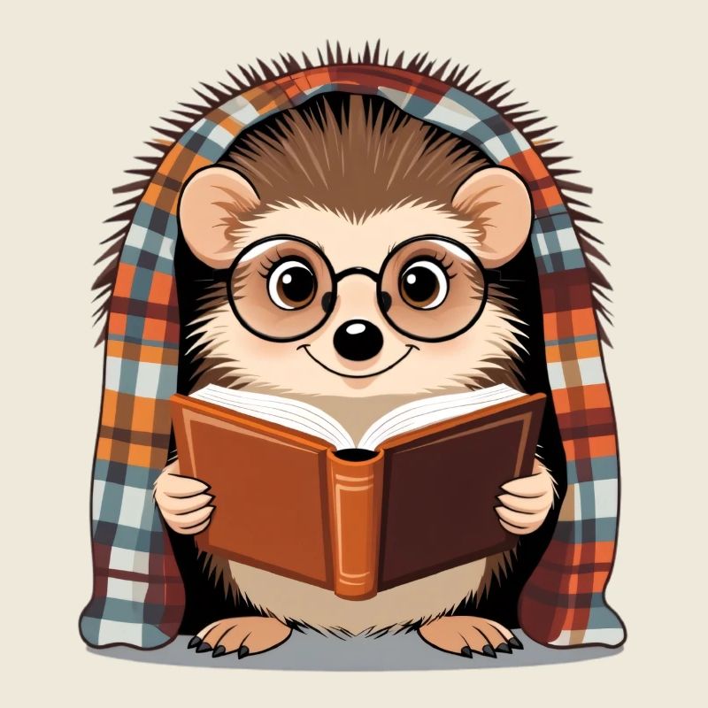 Hérisson lit un livre sous un plaid