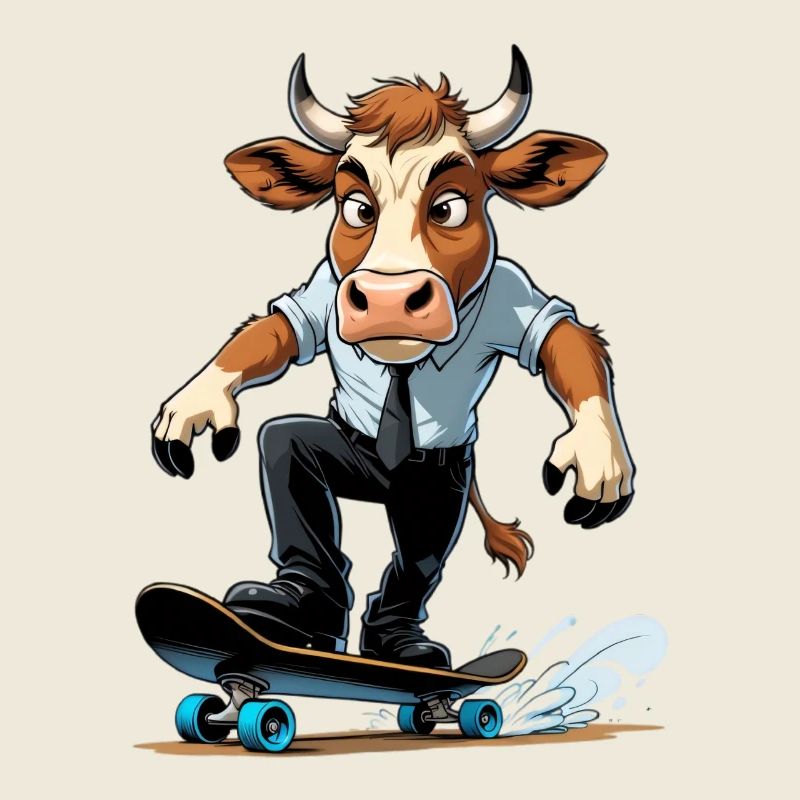 Cow on skateboard in suit
