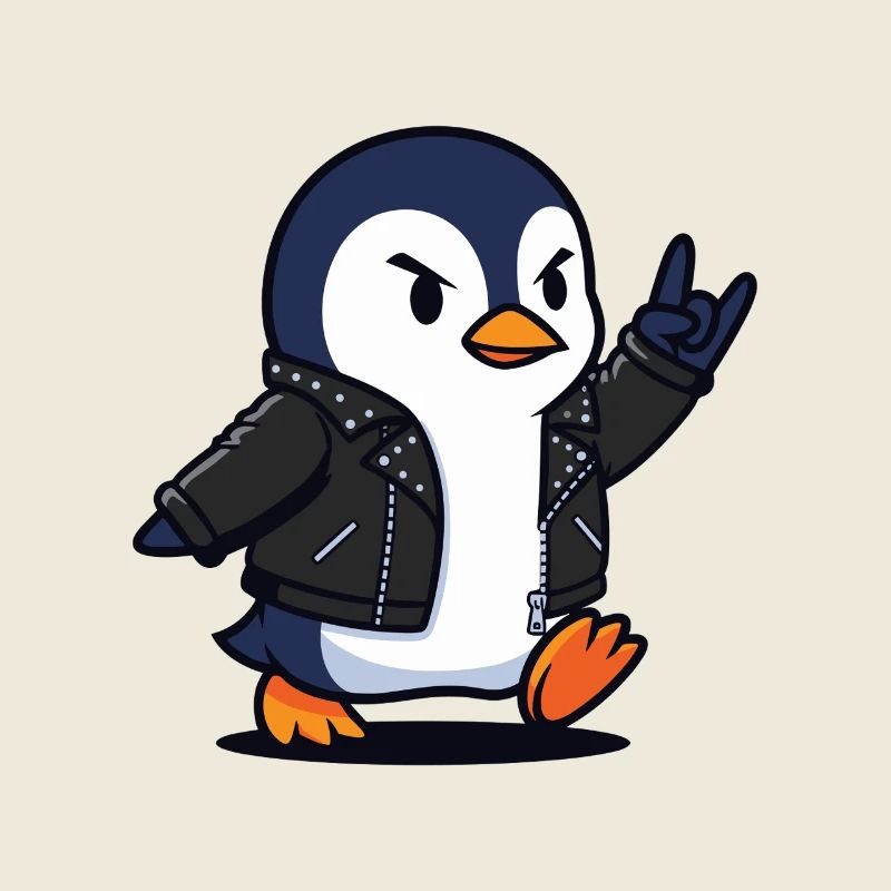 Rocker-Pinguin in Lederjacke mit Teufelshorn