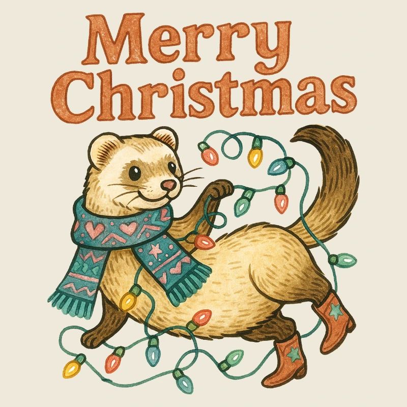 Frohes Frettchen mit Weihnachtsbeleuchtung