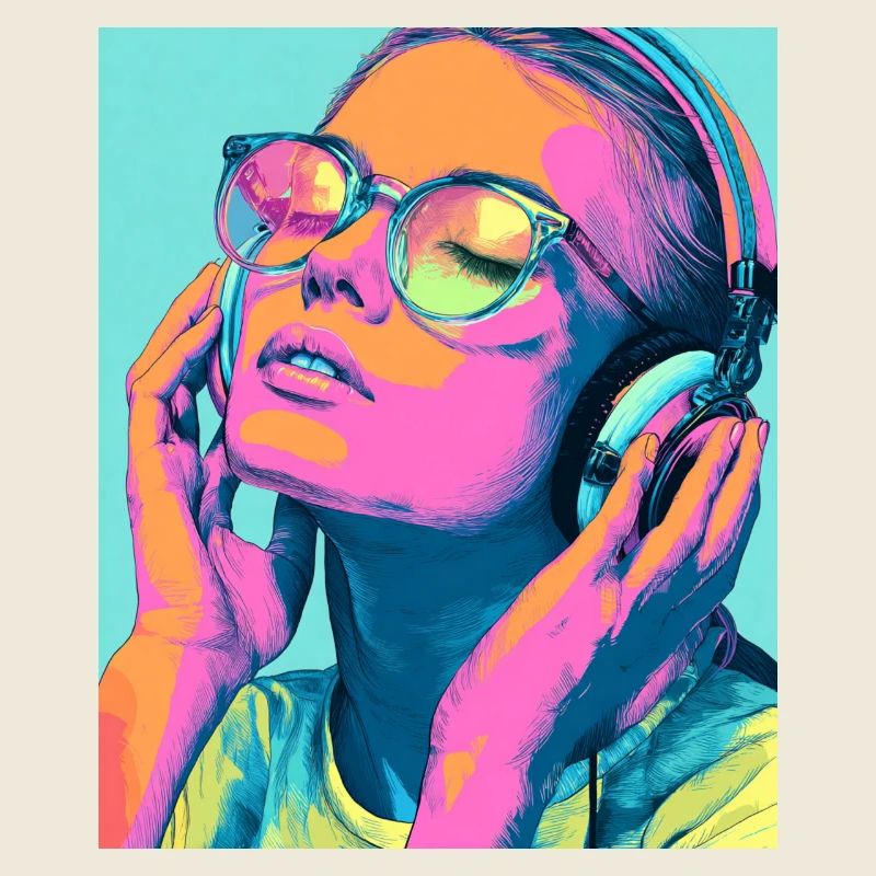 Neon Popart Kopfhörerporträt