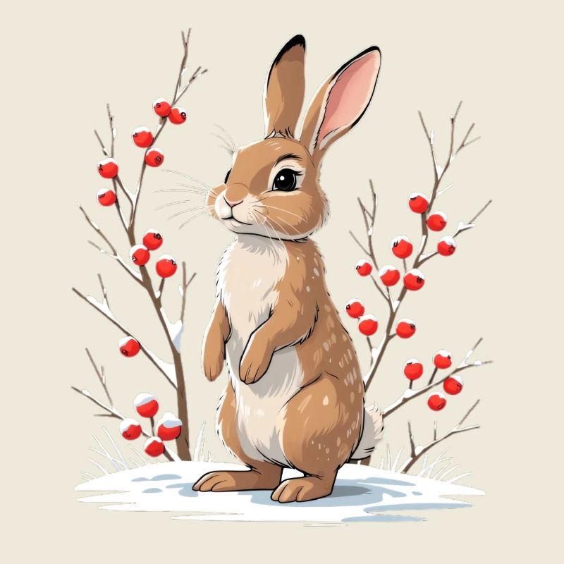 Winter bunny with berries in the snow