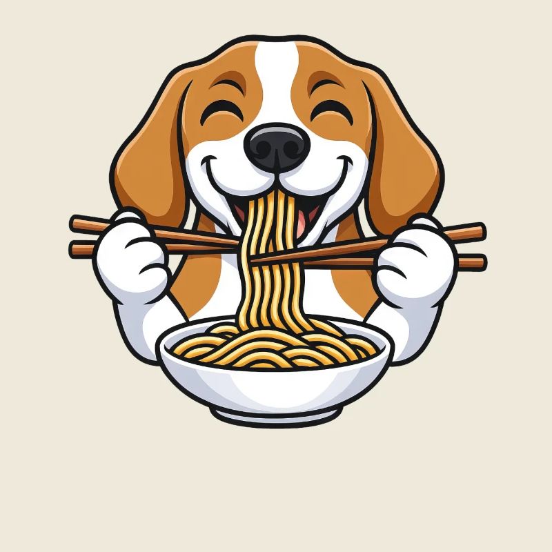 Süßer Beagle Cartoon mit Nudeln Ramen Stäbchen