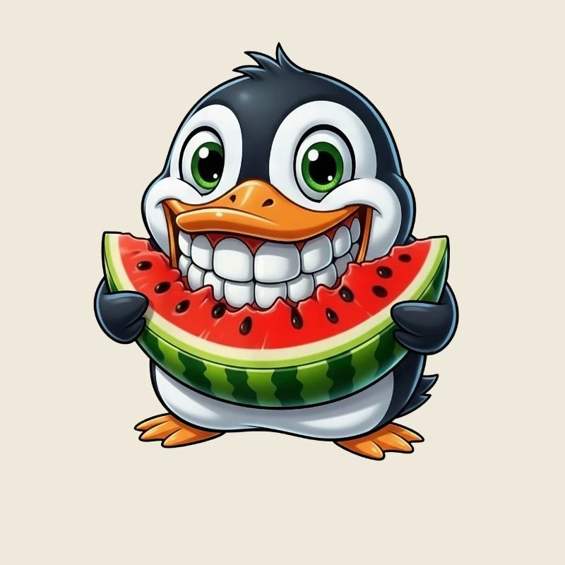 Cheerful Penguin with Watermelon Summer Fruit