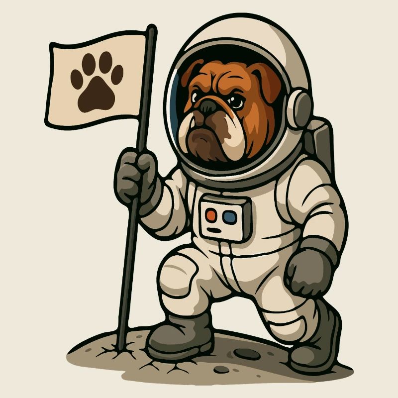Un Bouledogue Astronaute tenant un drapeau d’empreinte de patte