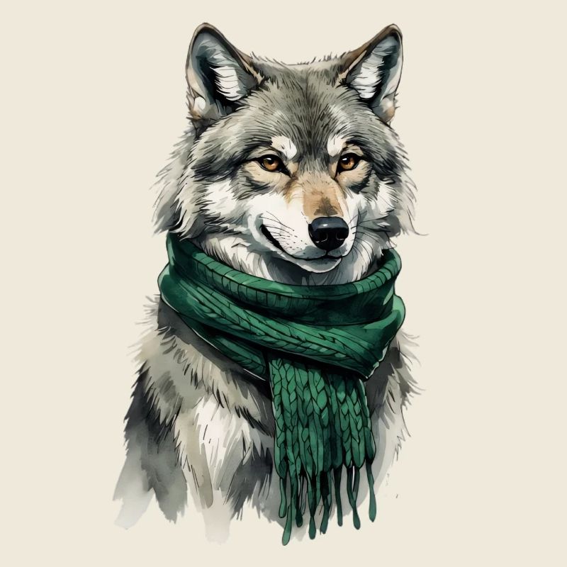 Wolfsfigur mit grünem Schal