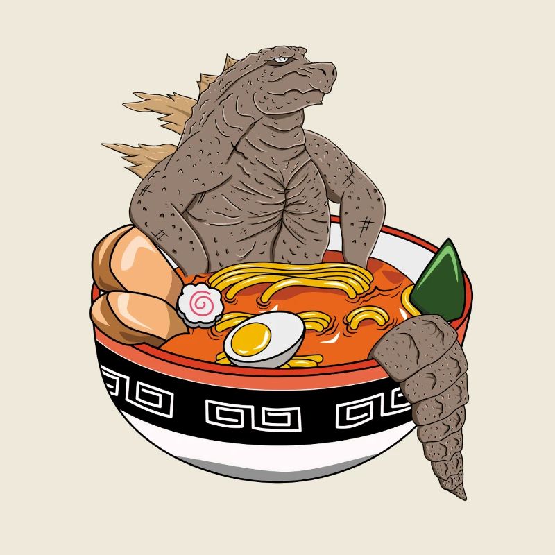 Episches Ramen-Monster-Bowl-Stein-Dinosaurier-Design-Tee