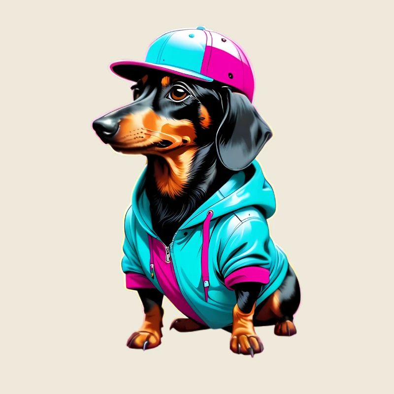 Dackel im Hoodie und Cap