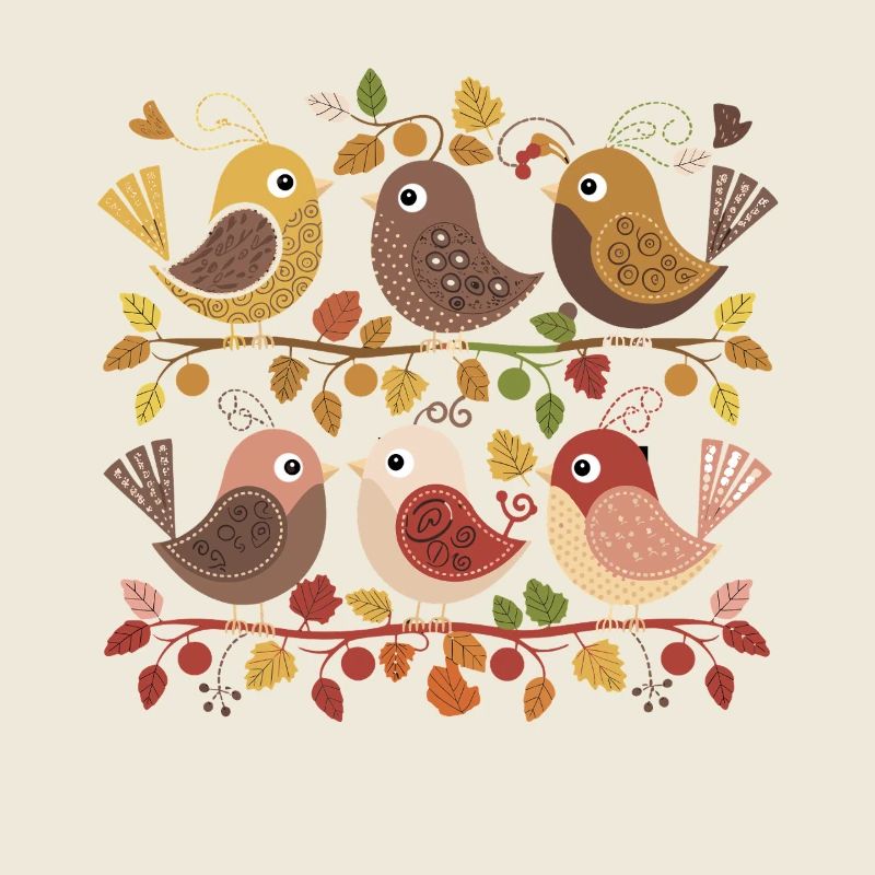 Autumnal birds on branches with leaves and