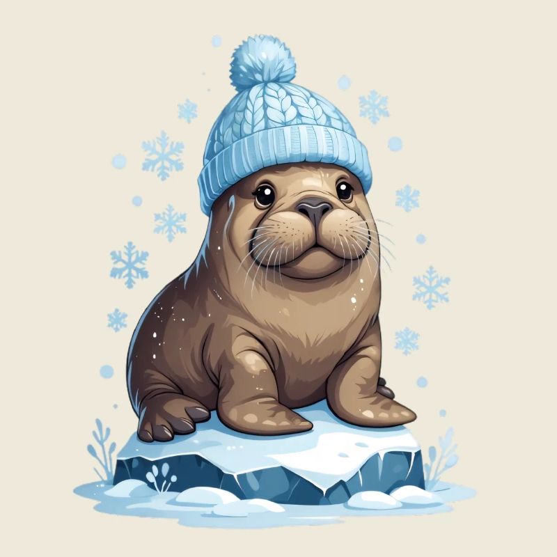 Winter-Seelöwe mit blauer Mütze