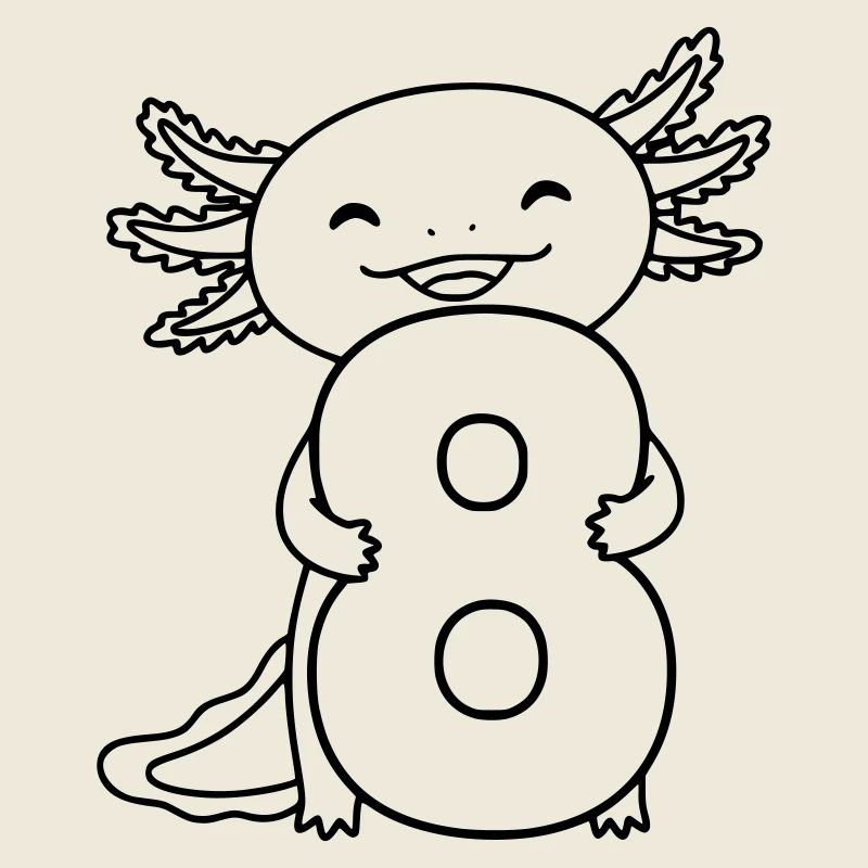 Axolotl mit Zahl 8 Cartoon Illustration