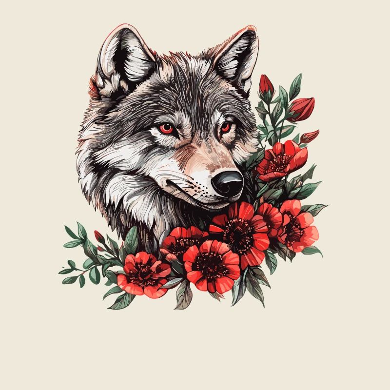 Wolfsgesicht mit roten Blüten
