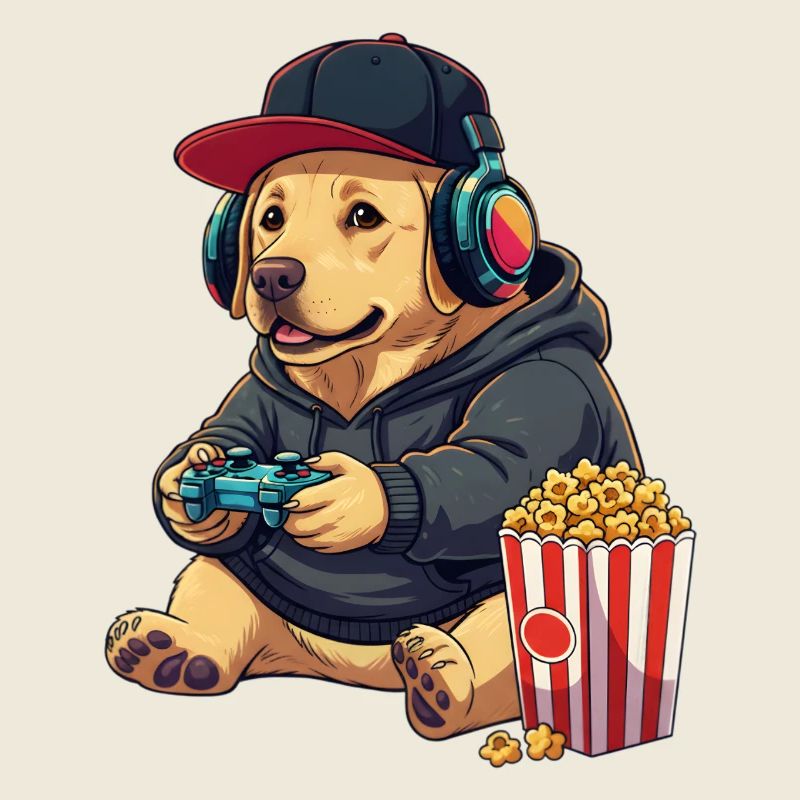 Chien gamer labrador avec du popcorn