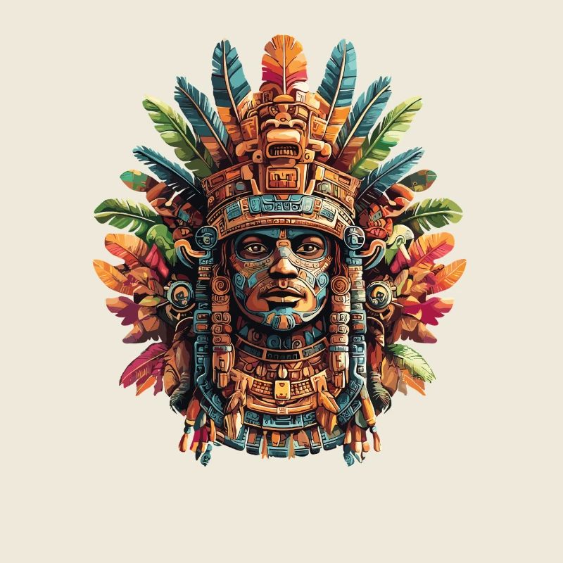 Aztec mask with colorful feathers