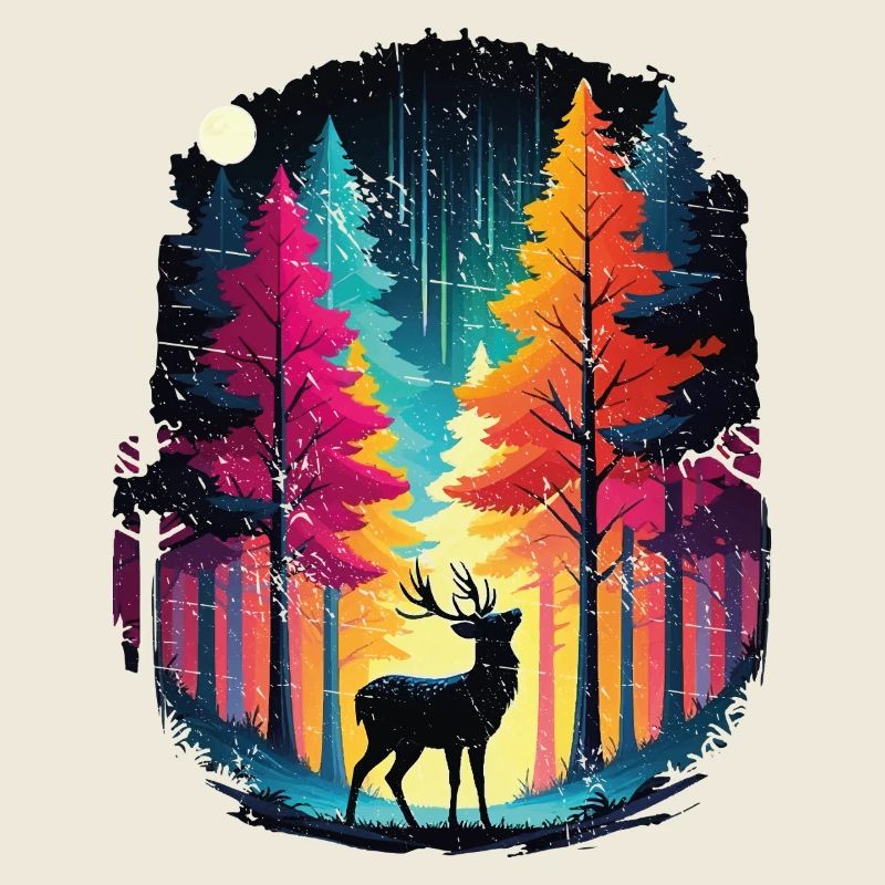 Regenbogenwald und leuchtende Hirsche