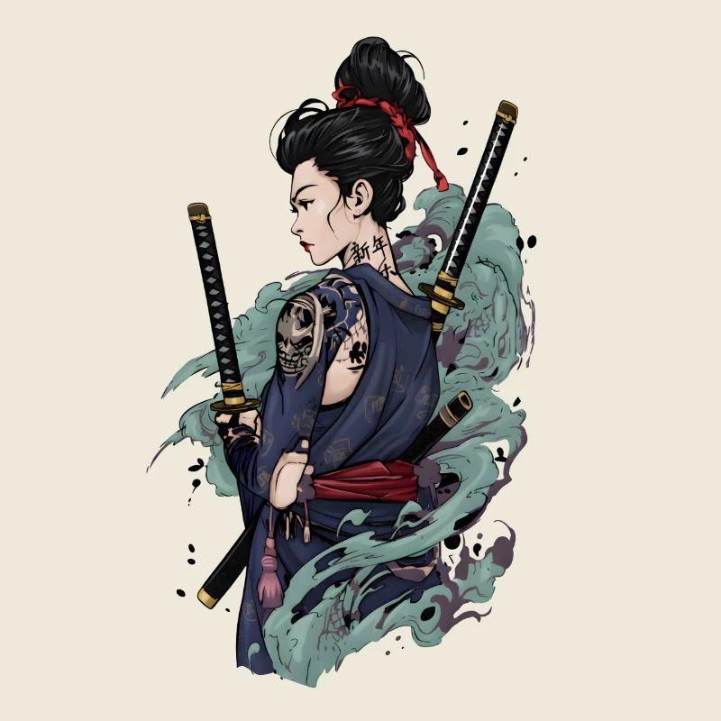Samurai Kriegerin mit Katana & Oni Tattoo Design